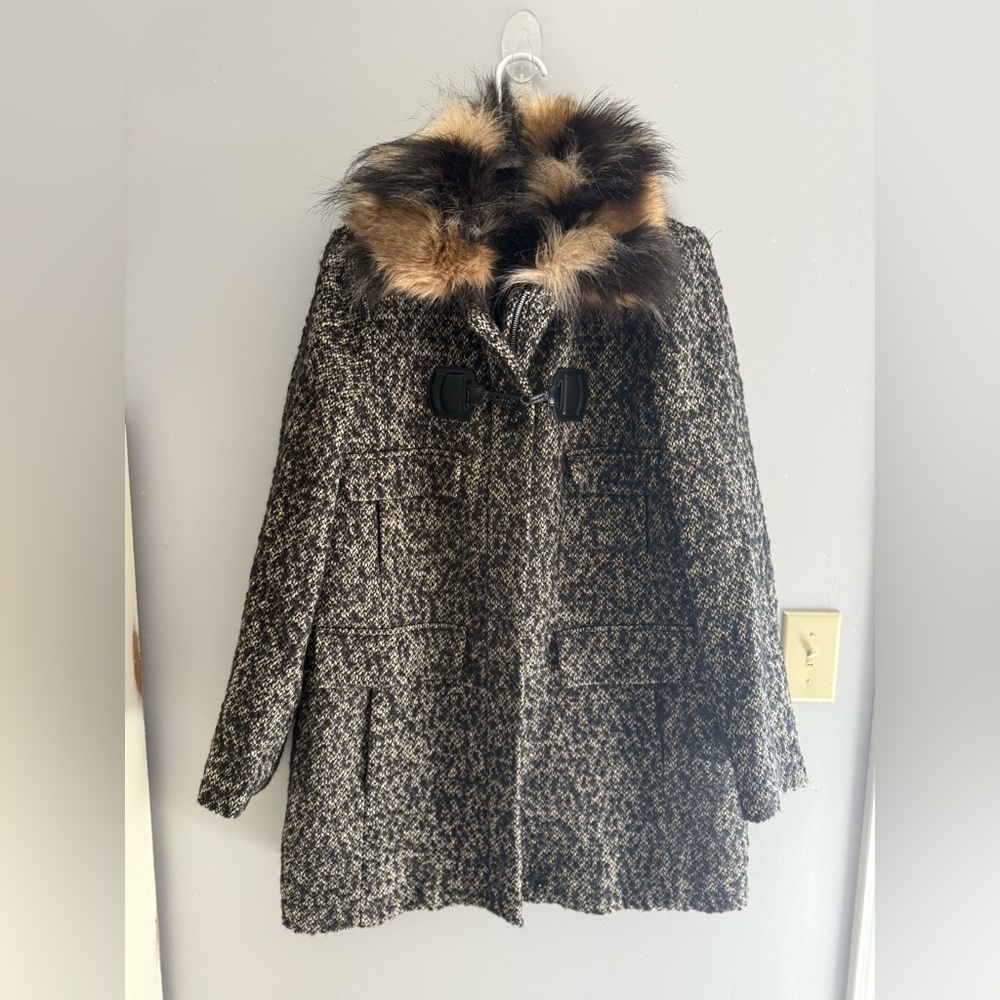 Trina Turk Annabelle Faux Fur Collar Tweed Full Zip Coat Women SZ 10 Wool Alpaca